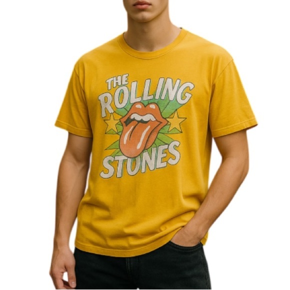 The Rolling Stones Mens Vintage Look Graphic Band Tee Golden Yellow Crewneck M - Picture 1 of 11